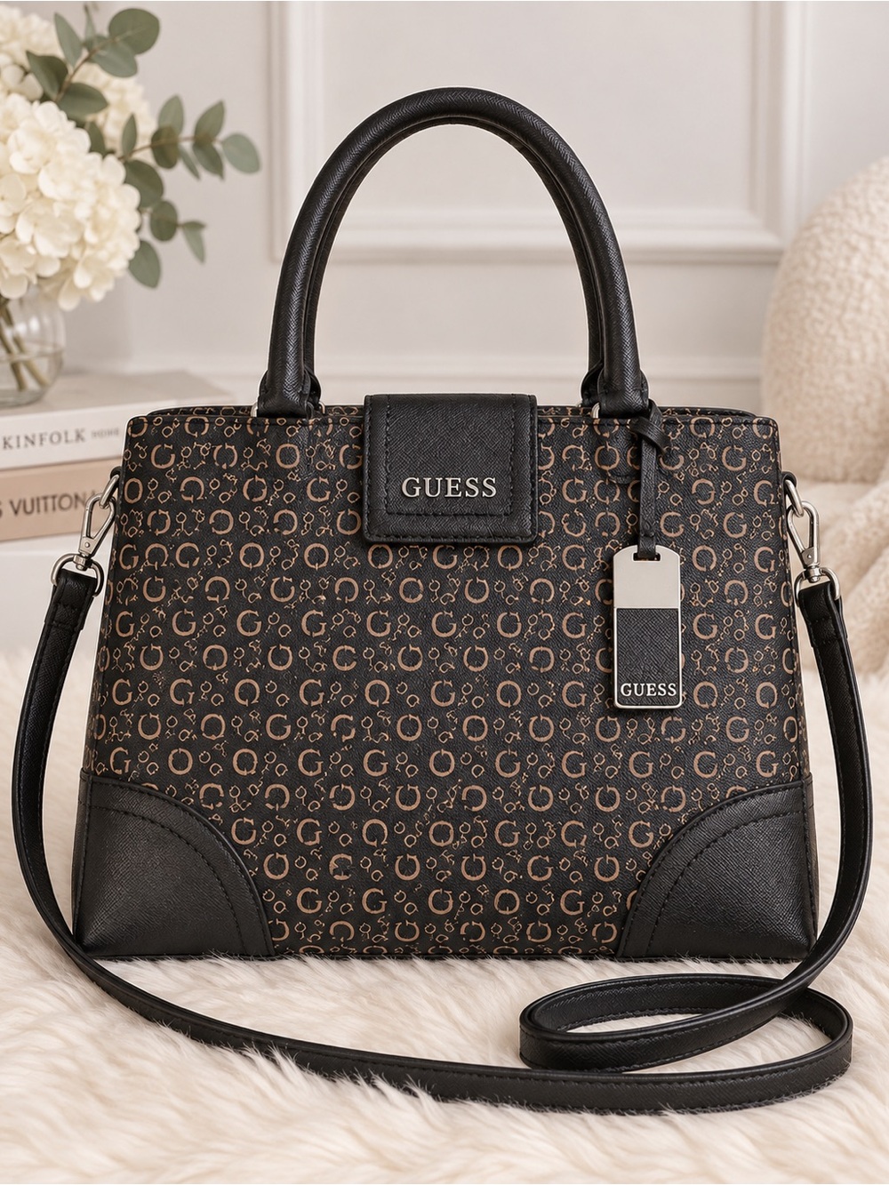 GUESS Brown Black Monogram Tote Bag Leopard Lining Shoulder Strap Y2K